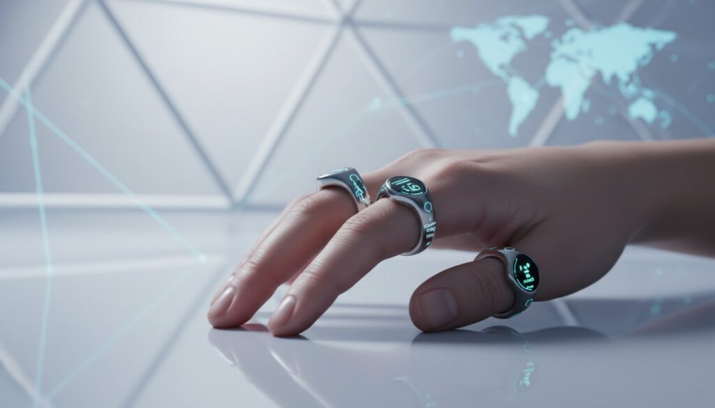 Futuristic smart ring concept art floating with digital health data holograms 2026