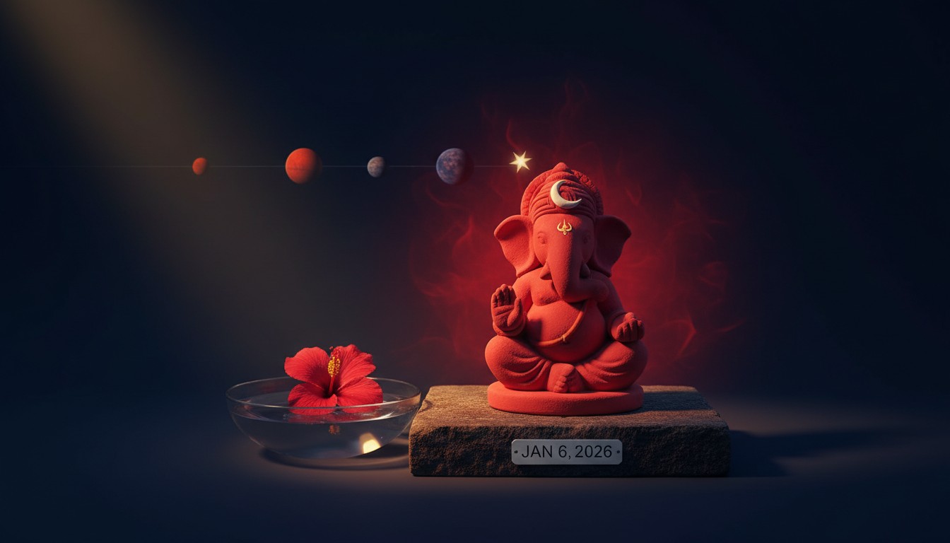 Lord Ganesha idol decorated with red hibiscus flowers and durva grass for Angarki Chaturthi puja