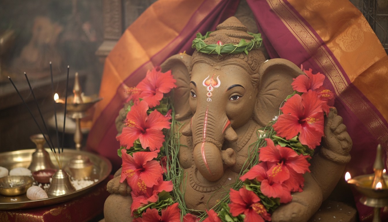 Lord Ganesha Idol adorned with hibiscus flowers for Angarki Chaturthi