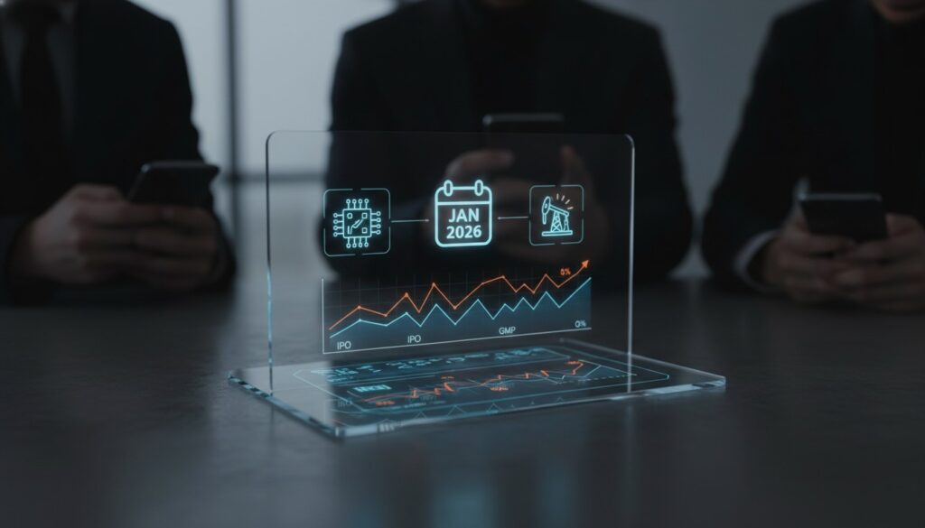 Calendar showing Upcoming IPOs India January 2026 with GMP charts and Indian currency coins