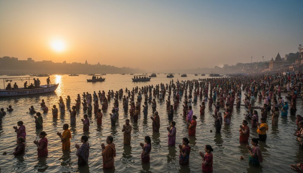 Devotees taking holy bath in river Ganga during Mauni Amavasya at sunrise
