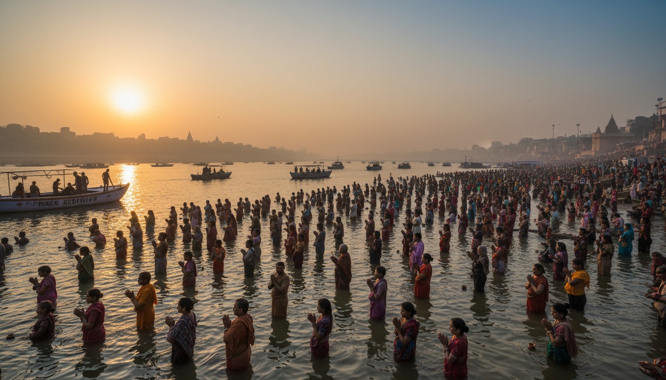 Devotees taking holy bath in river Ganga during Mauni Amavasya at sunrise