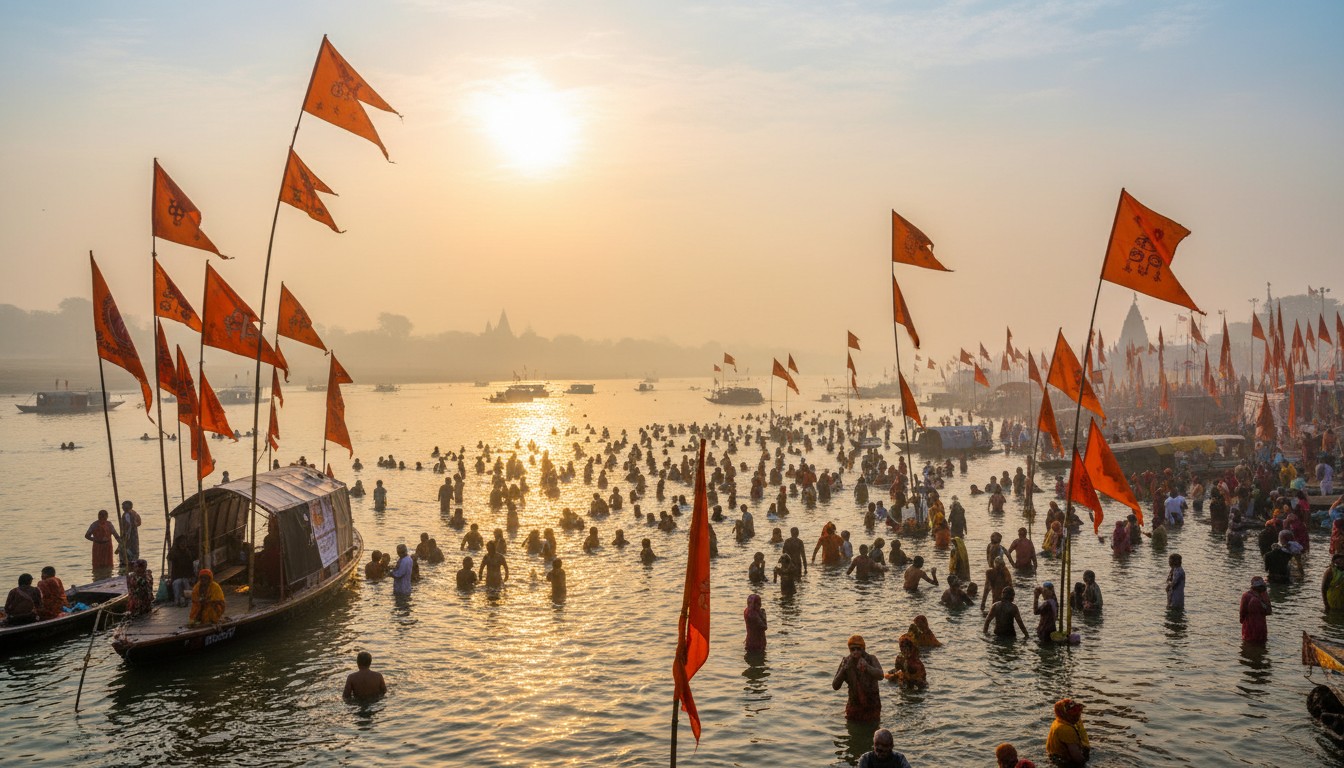 Triveni Sangam Prayagraj morning view during Magh Mela snan