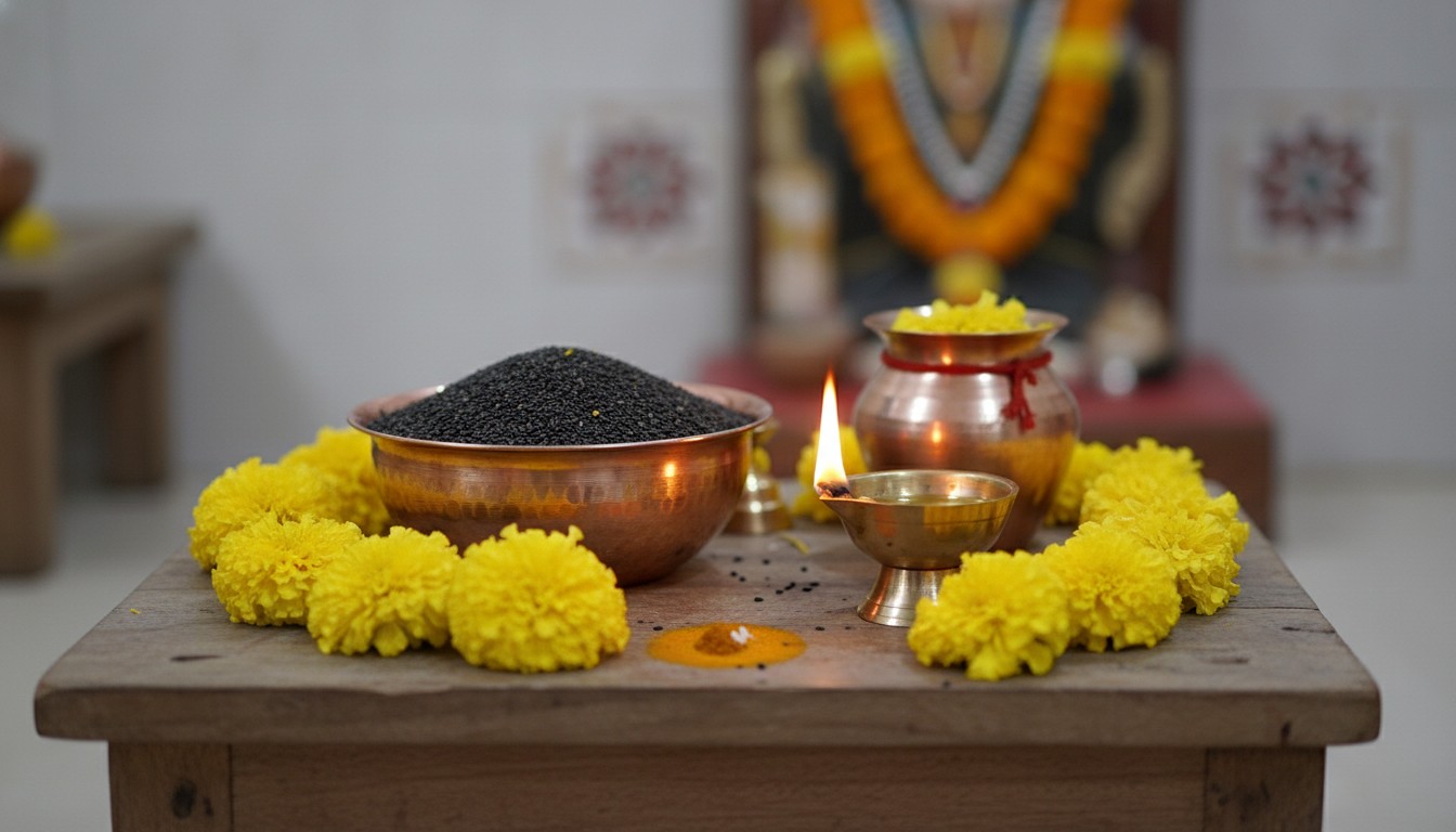 Puja thali setup for Mauni Amavasya rituals with sesame seeds and diya