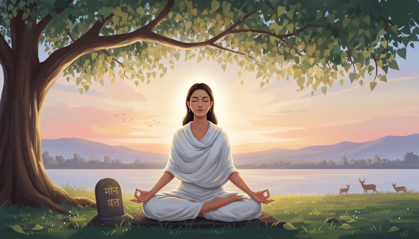 Devotee practicing Maun Vrat meditation under a Peepal tree