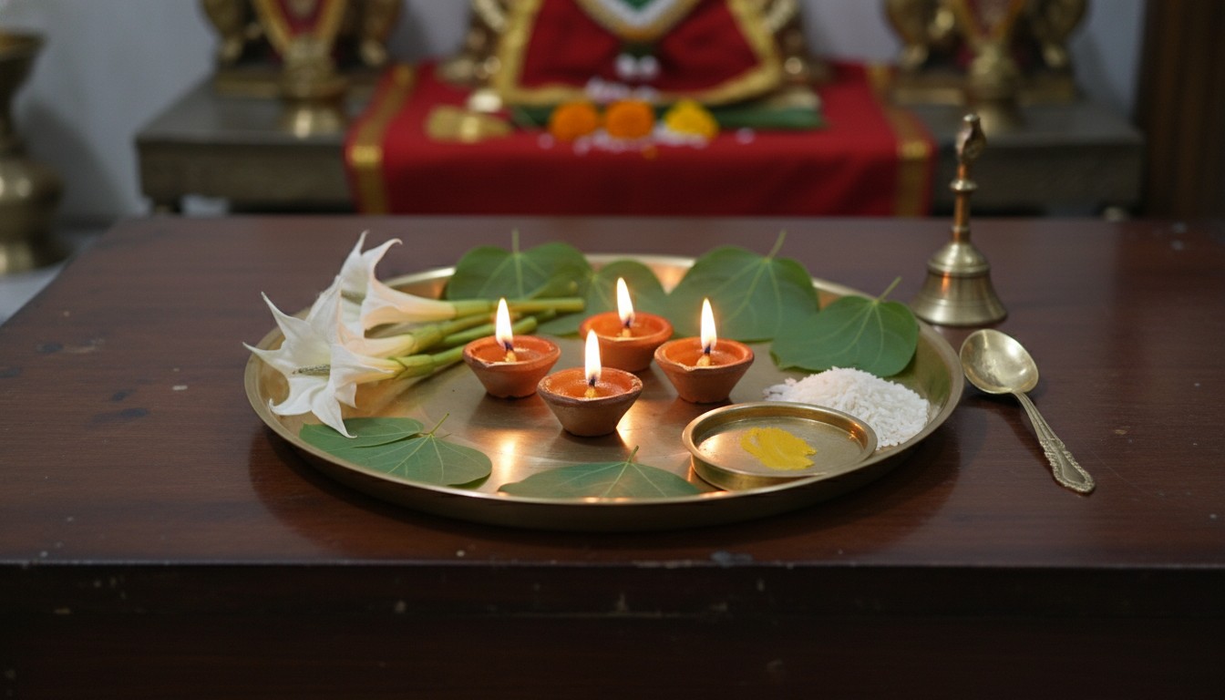 Puja Thali items for Shivratri worship including Belpatra and Datura