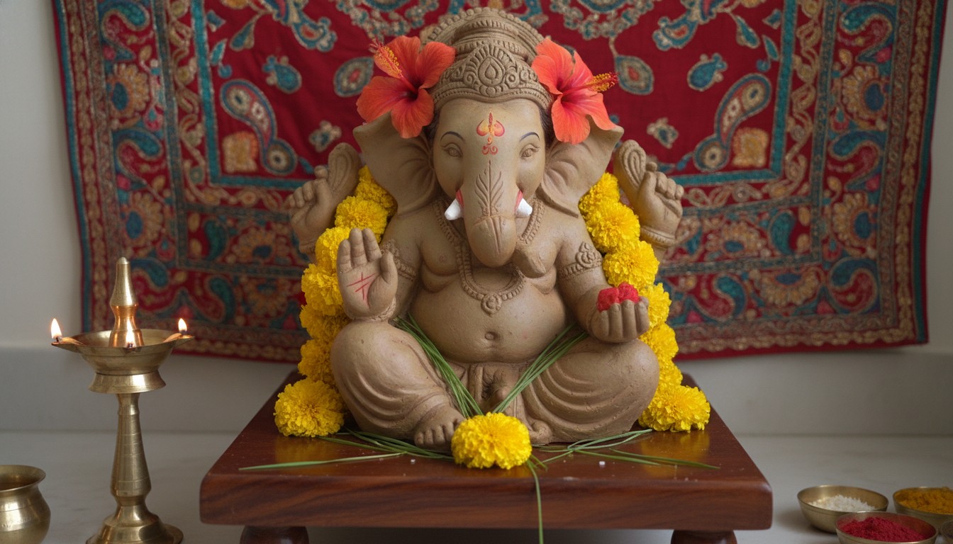 Eco-friendly Clay Ganesha Idol decorated with flowers for Ganesh Jayanti