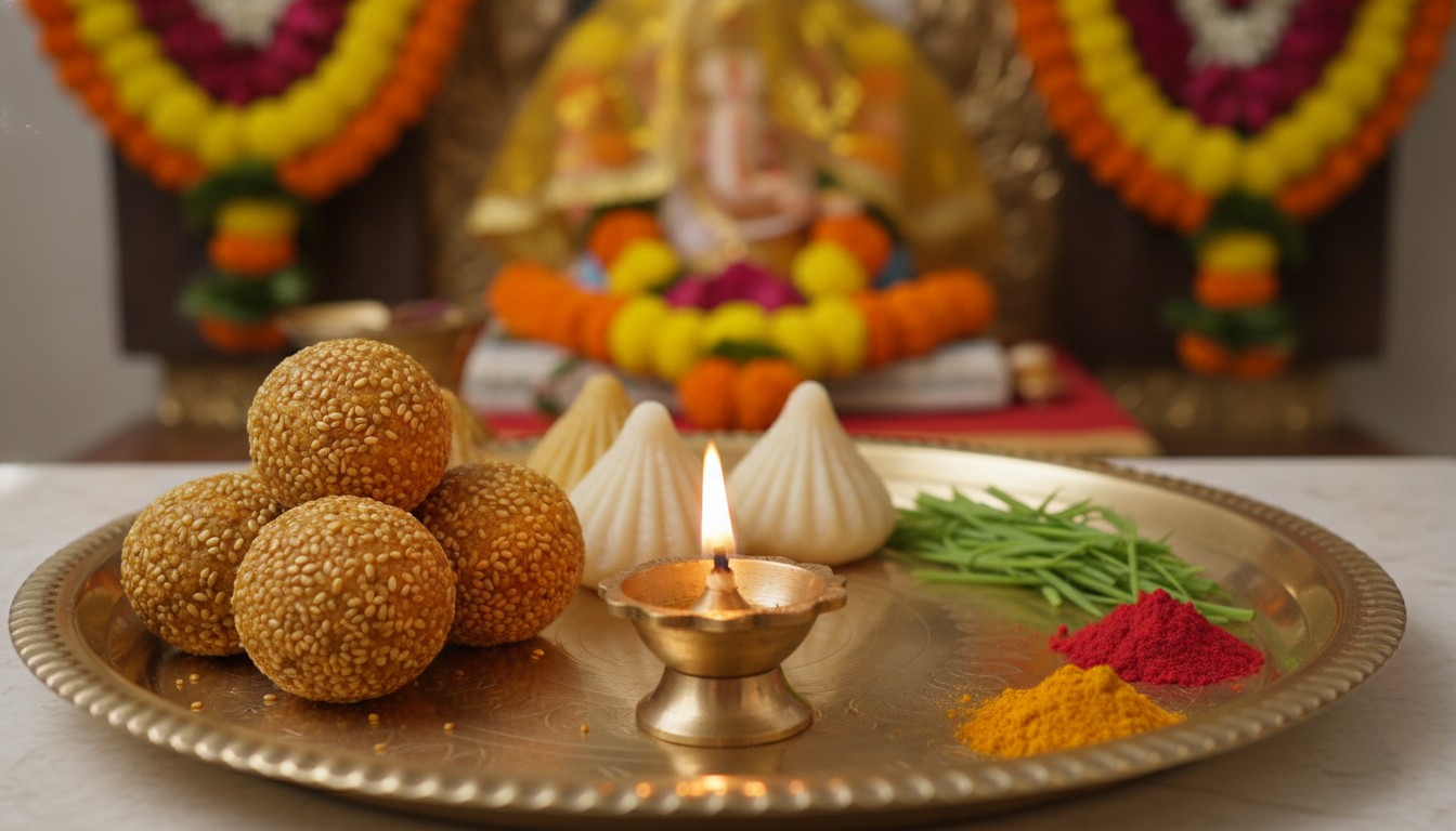 Ganesh Jayanti Puja Thali with Til Laddoos and Durva