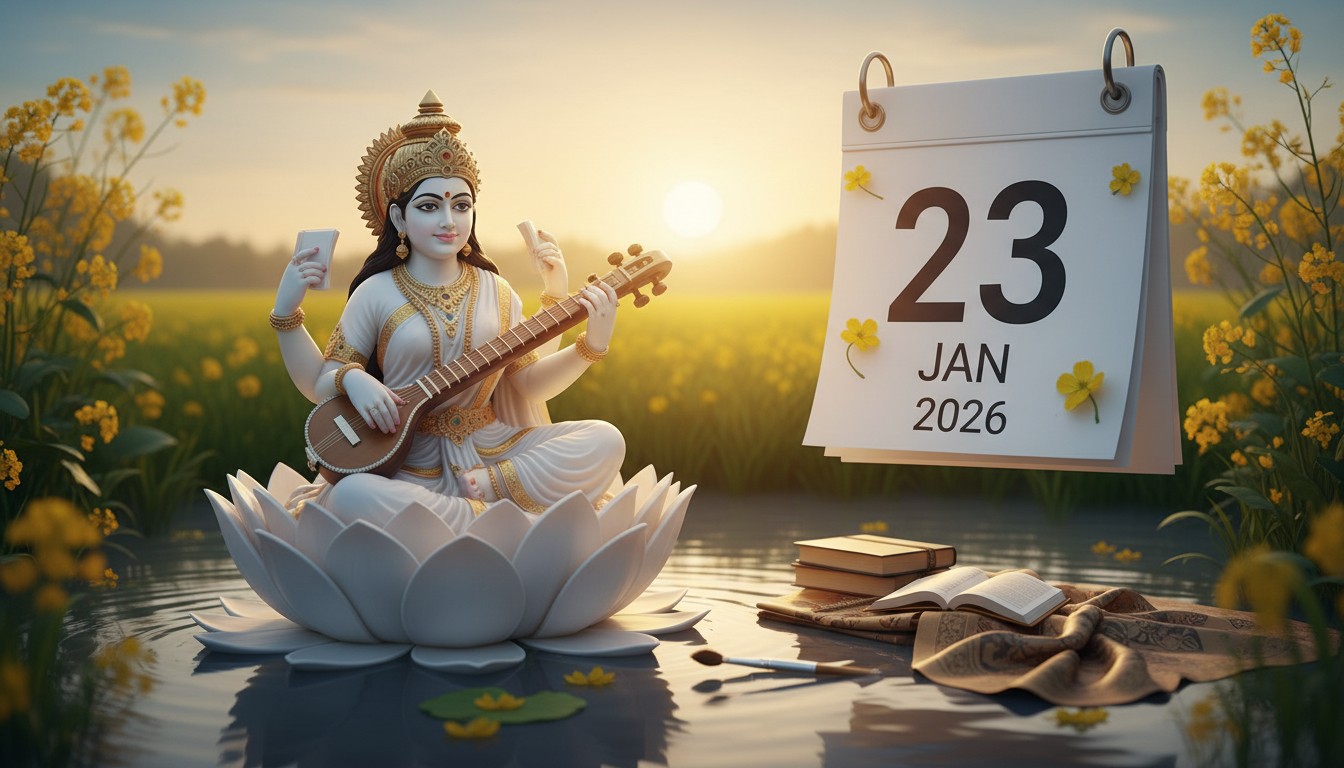 Idol of Goddess Saraswati decorated with yellow flowers for Vasant Panchami 2026 puja