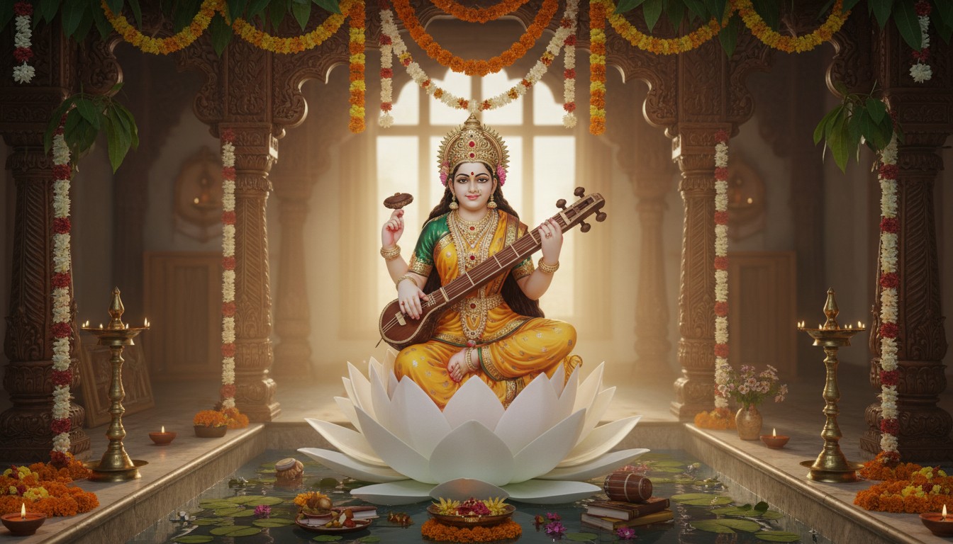 Goddess Saraswati idol dressed in yellow for Vasant Panchami puja