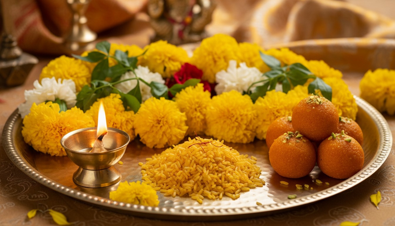 Yellow sweets and flowers offering plate for Saraswati Puja