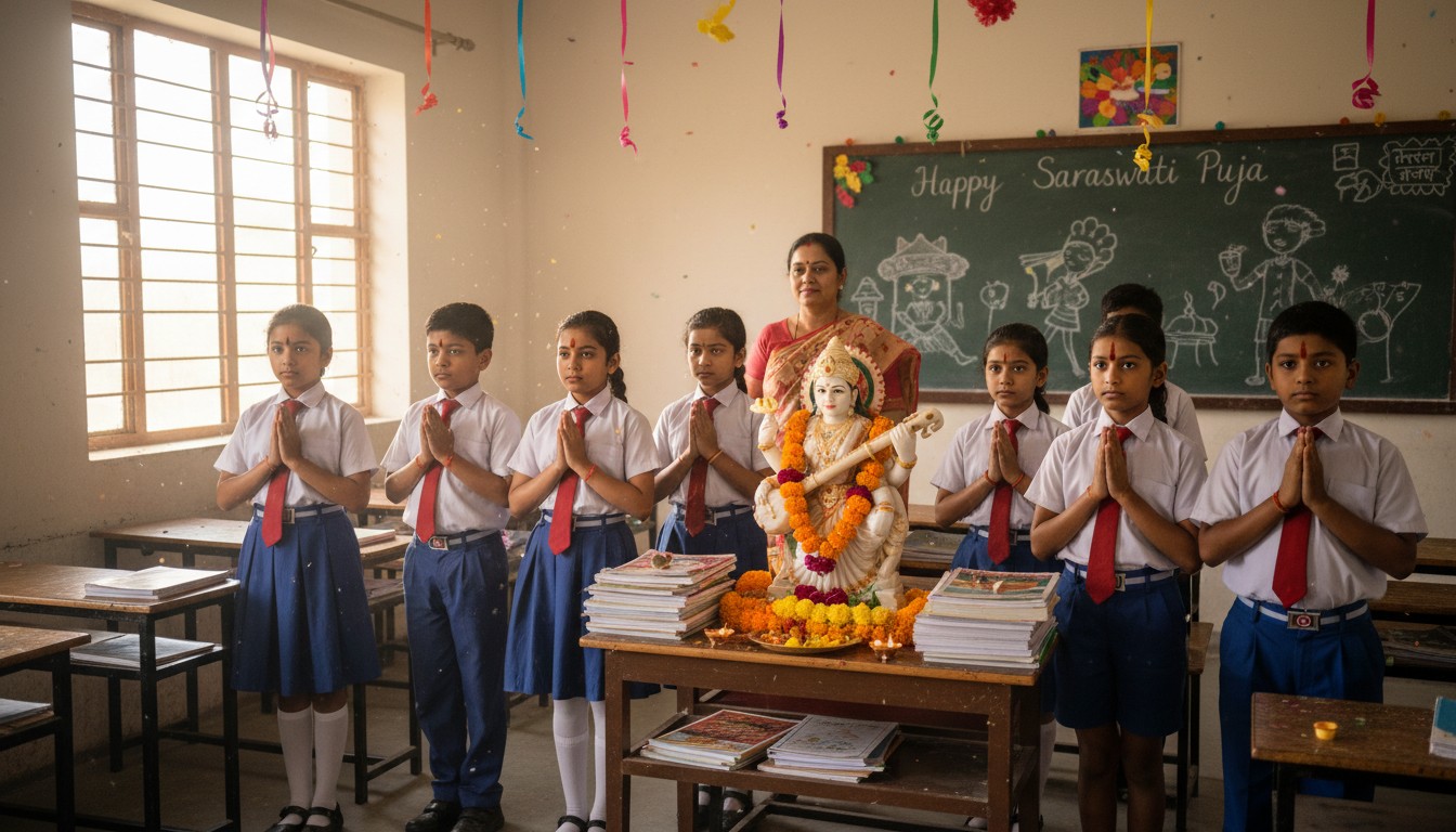 Students performing Saraswati Puja with books and instruments