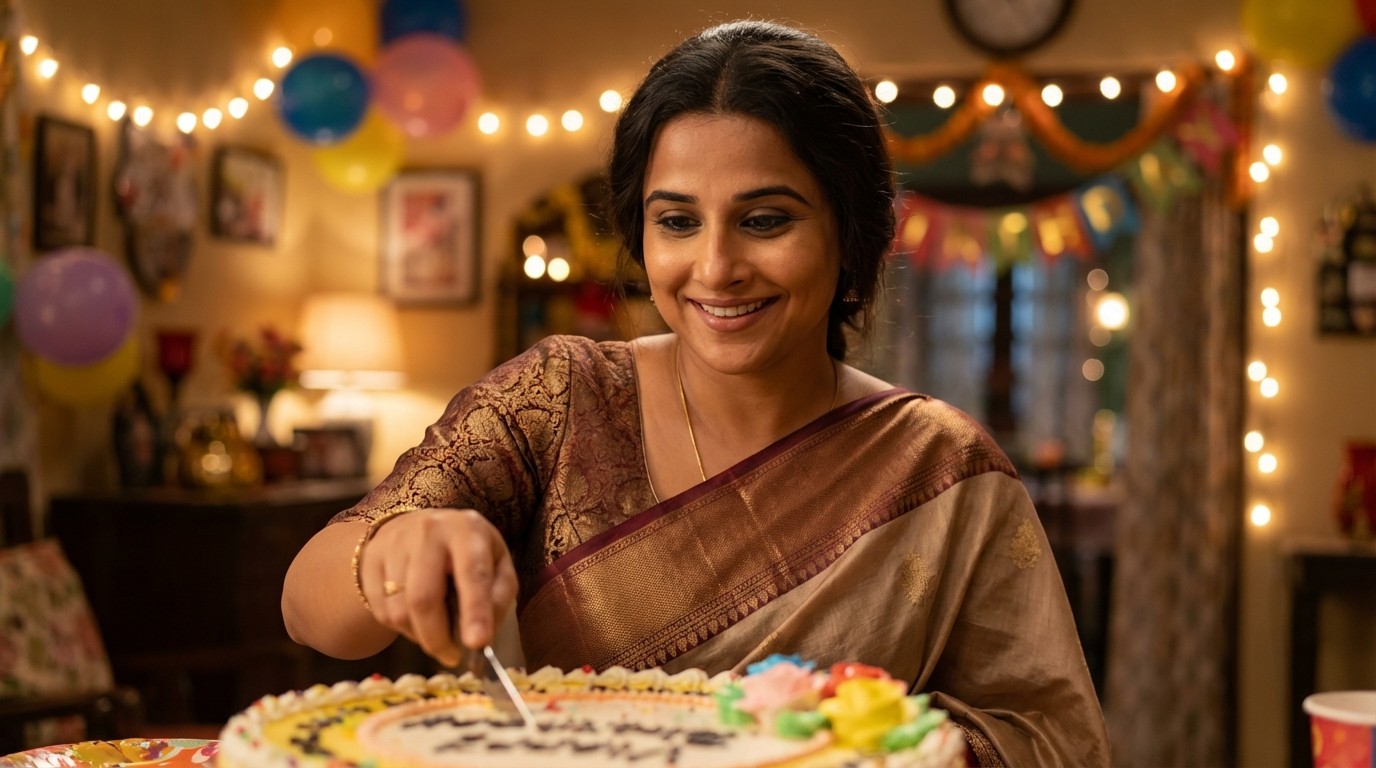 Vidya Balan cutting birthday cake with a radiant smile