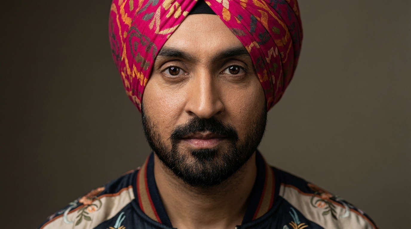 Diljit Dosanjh performing live with his signature turban style and trendy streetwear.