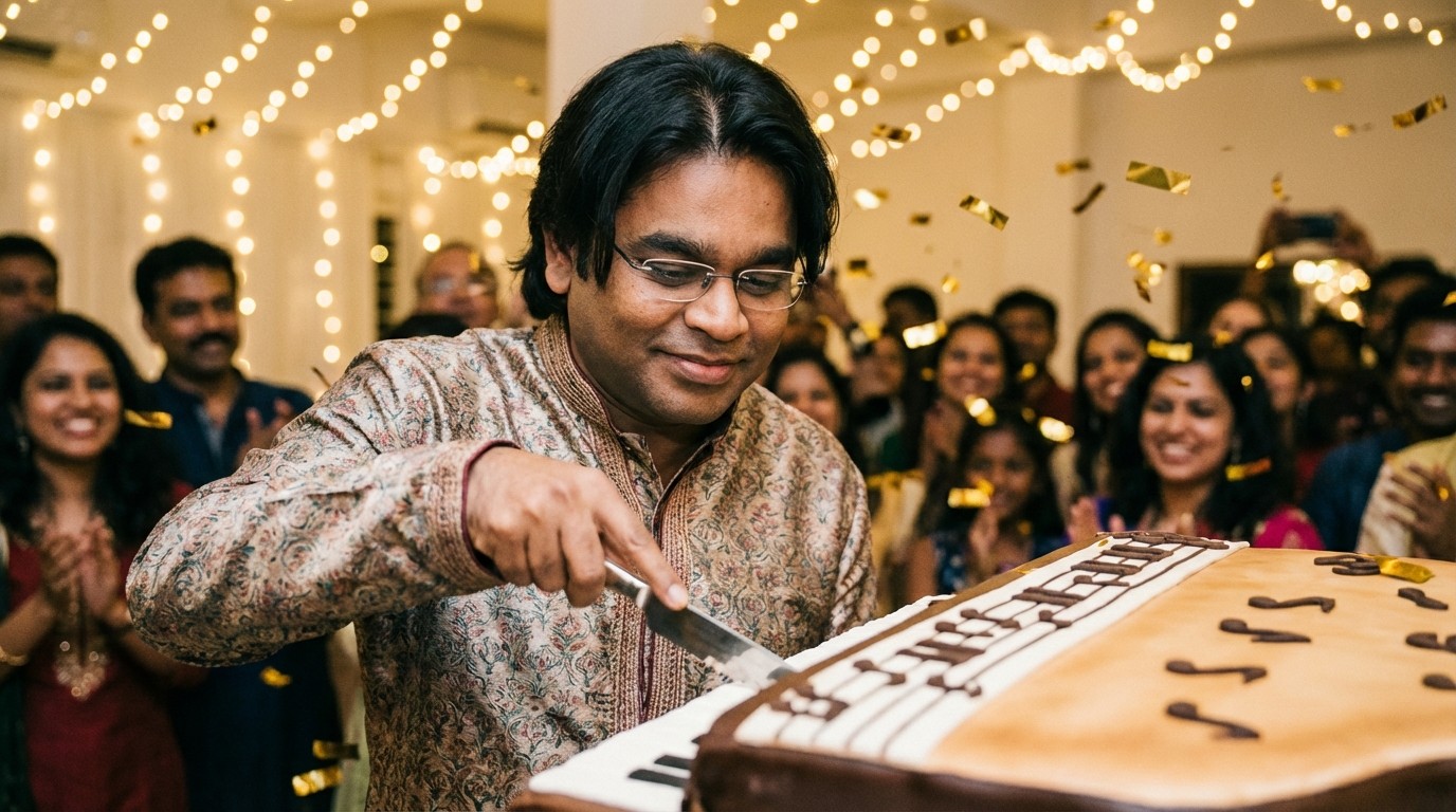 A.R. Rahman cutting a piano-themed birthday cake