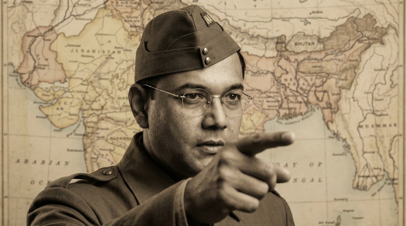 Portrait of Netaji Subhash Chandra Bose in INA uniform pointing forward