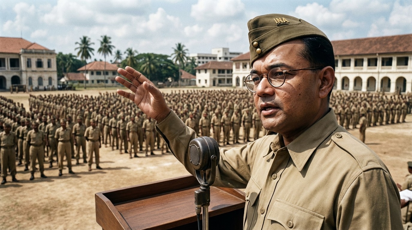 Netaji addressing the Azad Hind Fauj soldiers