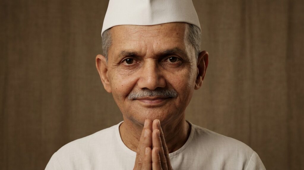 Lal Bahadur Shastri giving a speech in simple white attire with folded hands