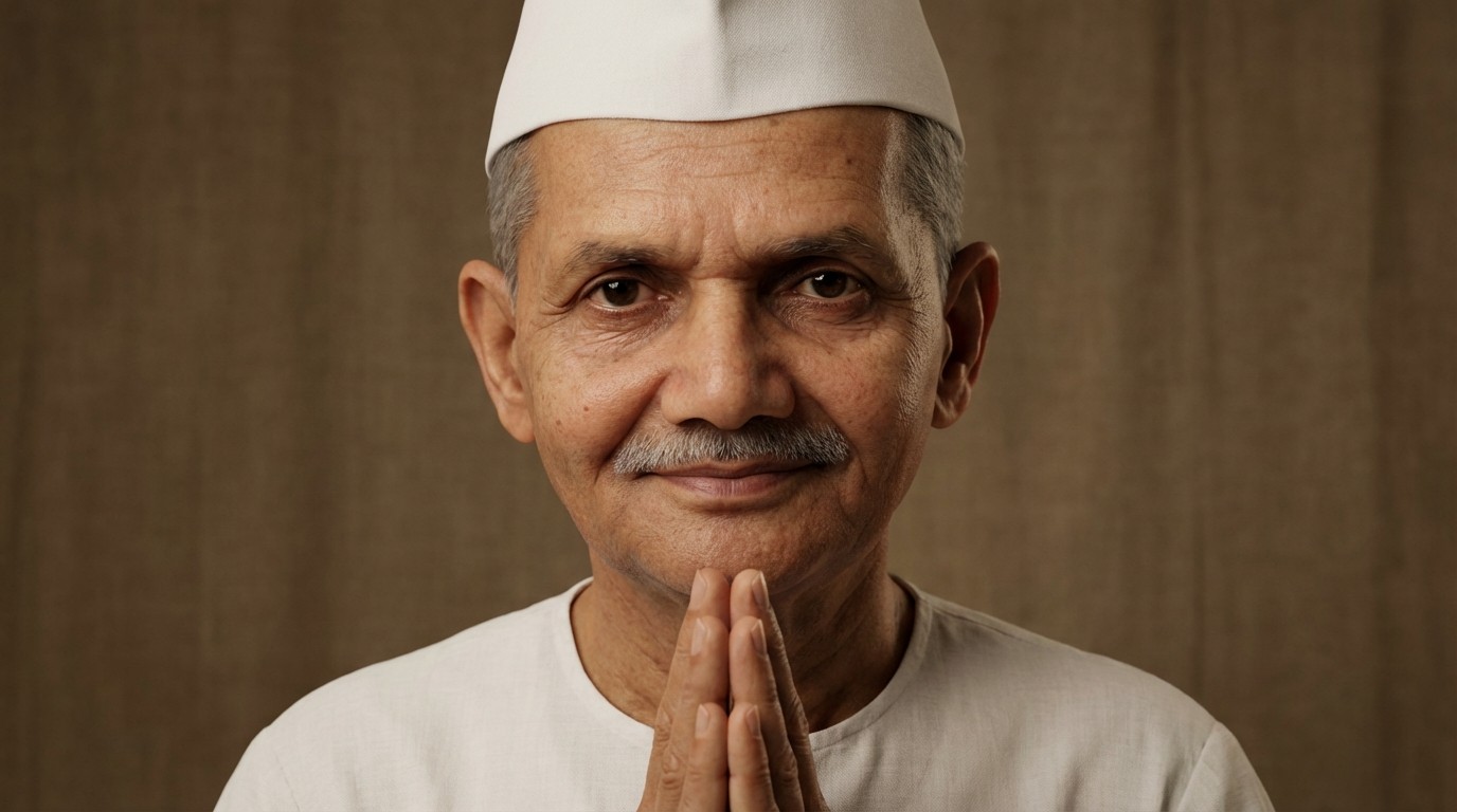 Lal Bahadur Shastri giving a speech in simple white attire with folded hands