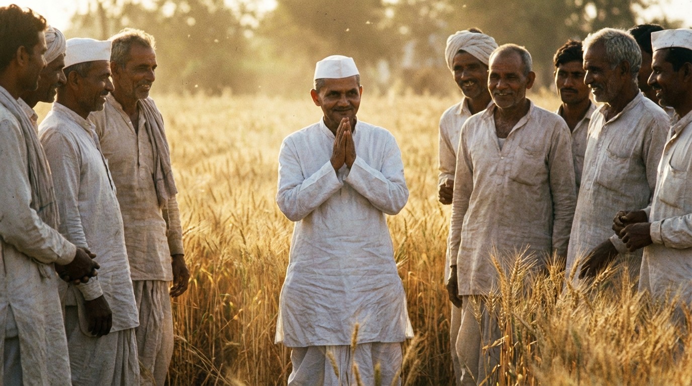 Lal Bahadur Shastri with farmers in a wheat field
