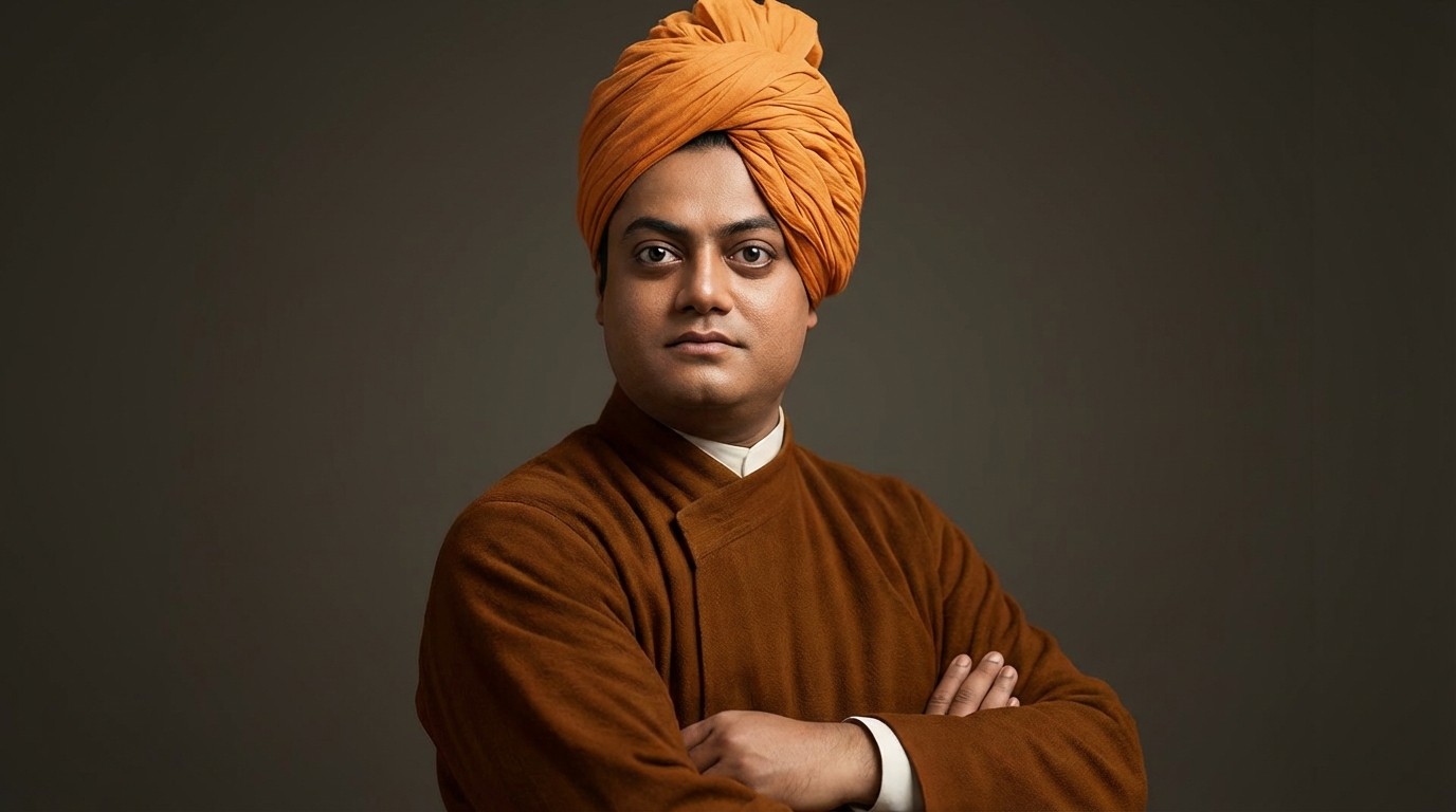 Swami Vivekananda portrait with saffron turban and spiritual aura