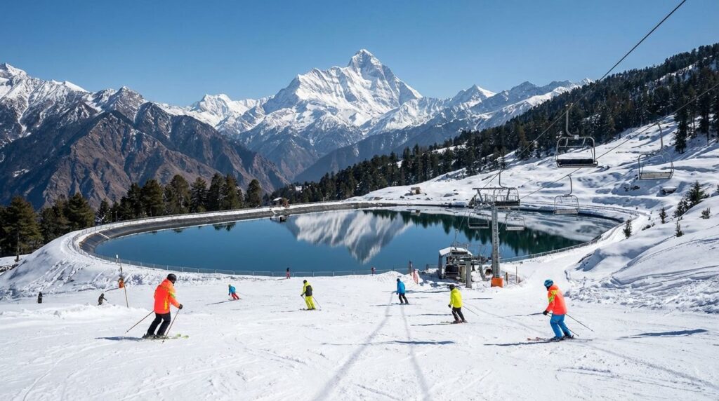 Scenic view of Auli Ski Resort with snow covered slopes and Nanda Devi peak