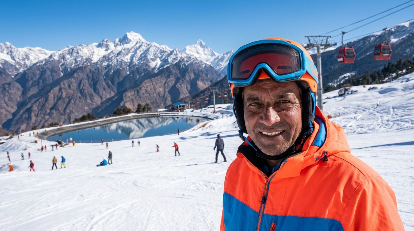 Panoramic view of Auli ski slopes with Nanda Devi mountain backdrop