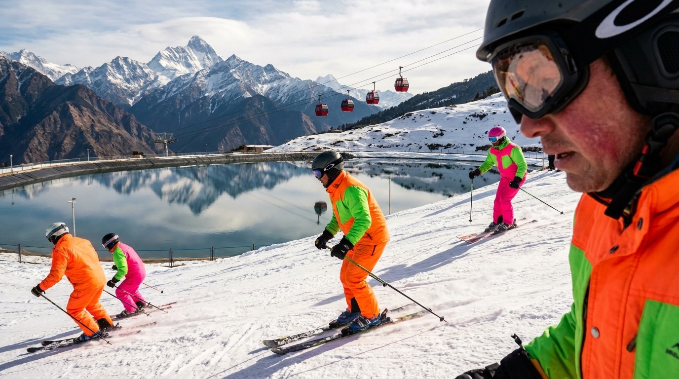 Skiers in neon gear enjoying the slopes at Auli with cable car in background