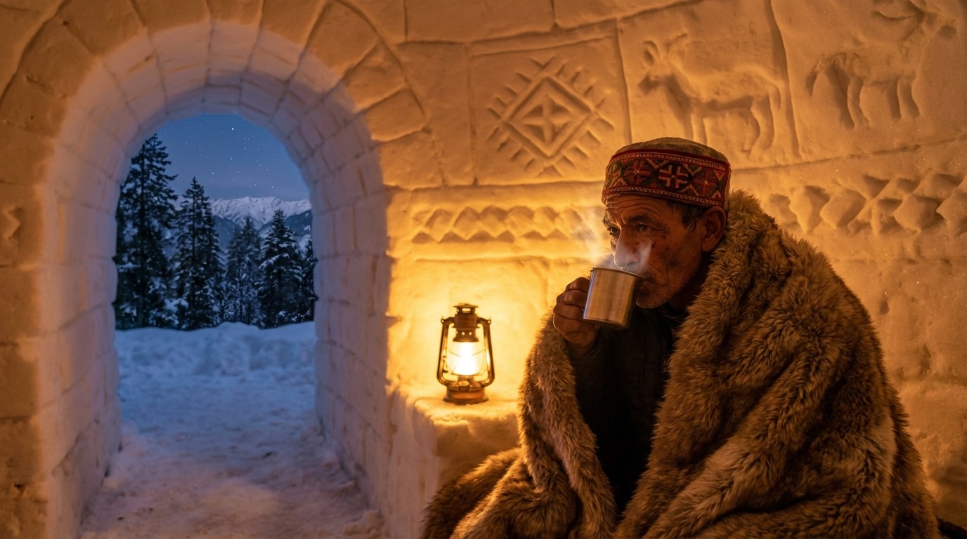Cozy Interior of Manali Igloo with Fur Bedding