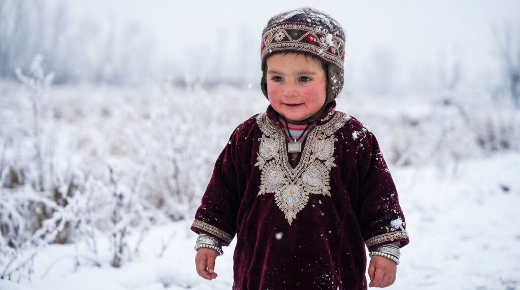 Cute kid wearing traditional Kashmiri Pheran in snow