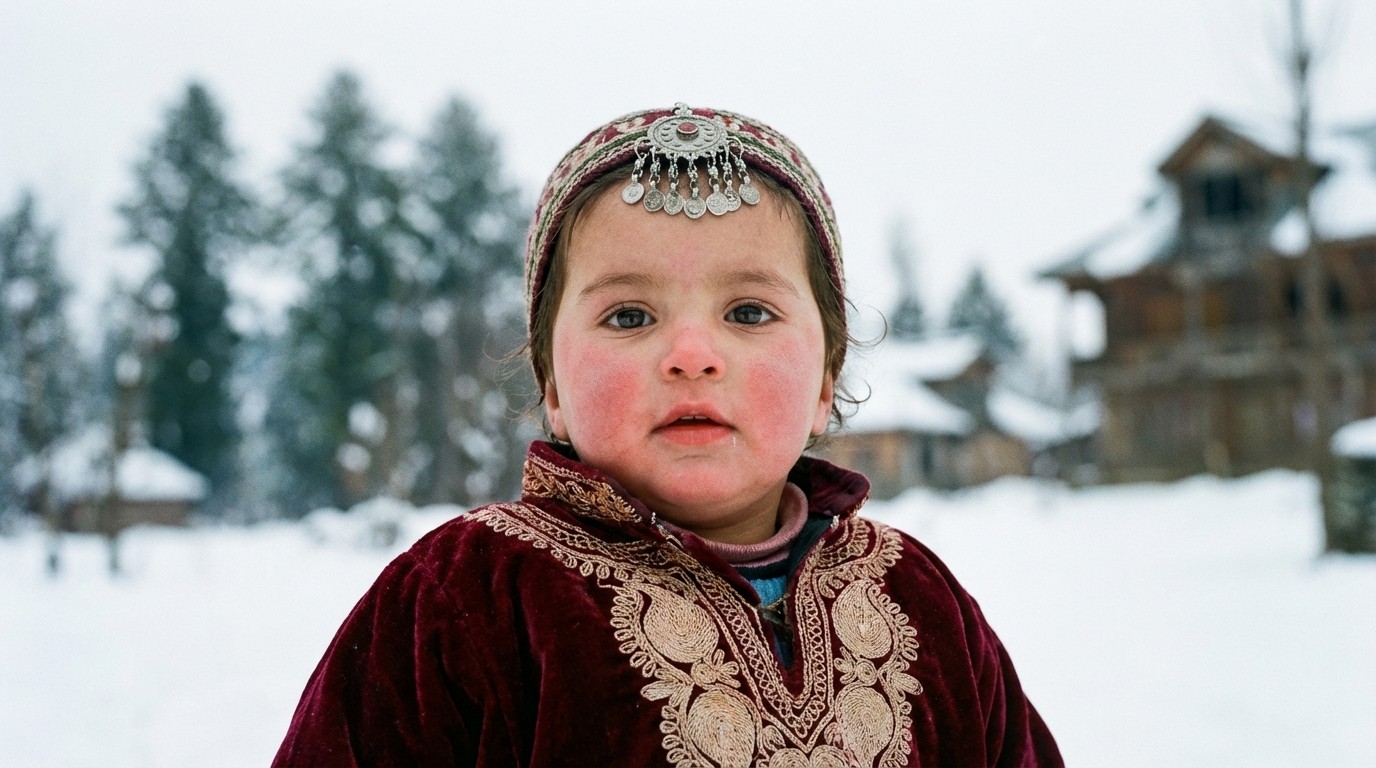 Toddler in Maroon Velvet Kashmiri Pheran with Silver Tilla Work