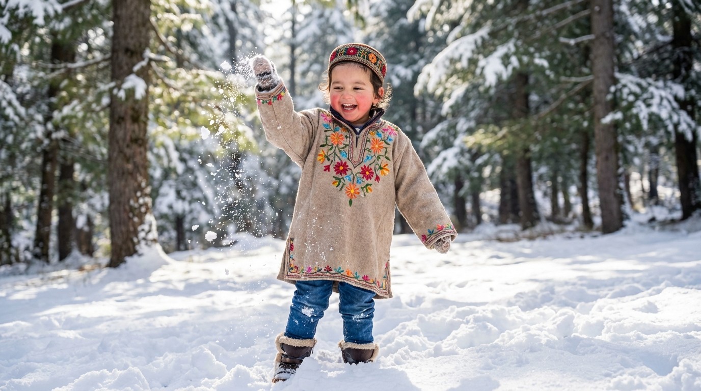 Kid styling Pheran with Jeans and Boots in Snow