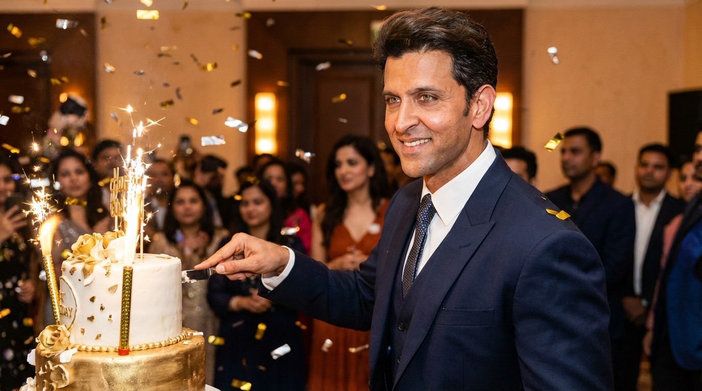 Hrithik Roshan cutting a birthday cake during celebrations