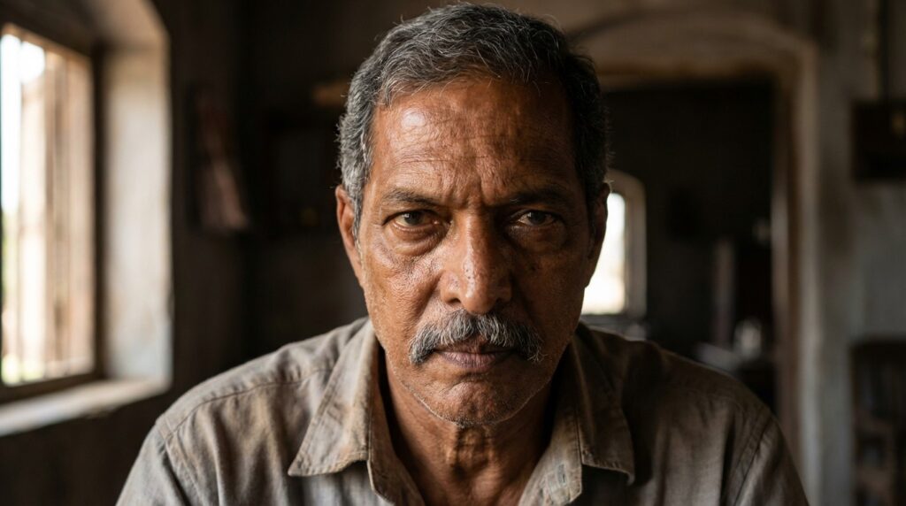 Nana Patekar intense look with sharp features and grey moustache