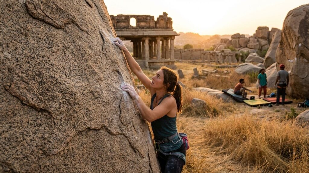 A person bouldering on a granite rock in Hampi during the winter season