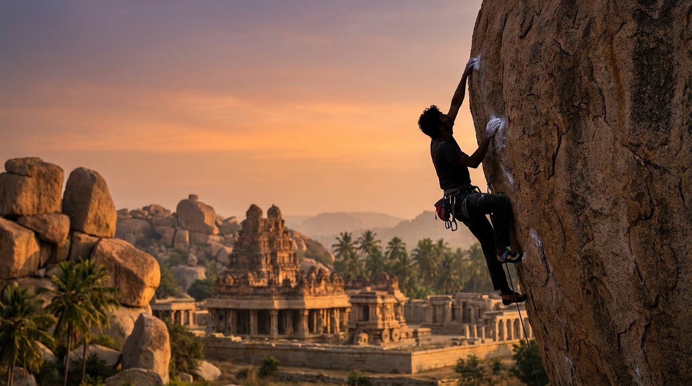 Bouldering in Hampi during sunset