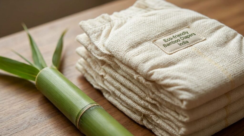 A happy baby wearing an eco-friendly bamboo diaper in a bright nursery