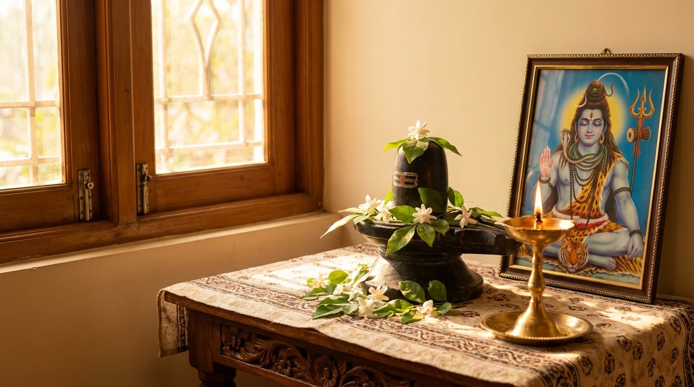 Shiva Lingam Puja setup with Belpatra and Diya