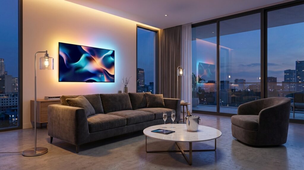 Modern futuristic living room with transparent OLED screen and smart lighting setup for 2026