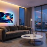 Modern futuristic living room with transparent OLED screen and smart lighting setup for 2026