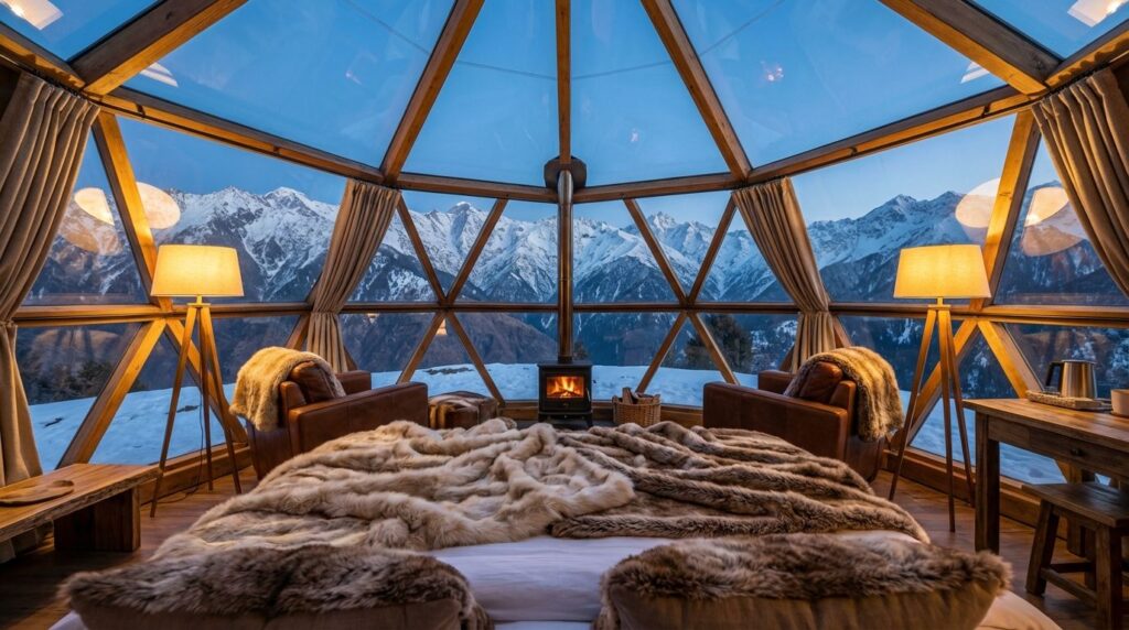 Luxury glamping tents in Shoja Himachal with mountain views