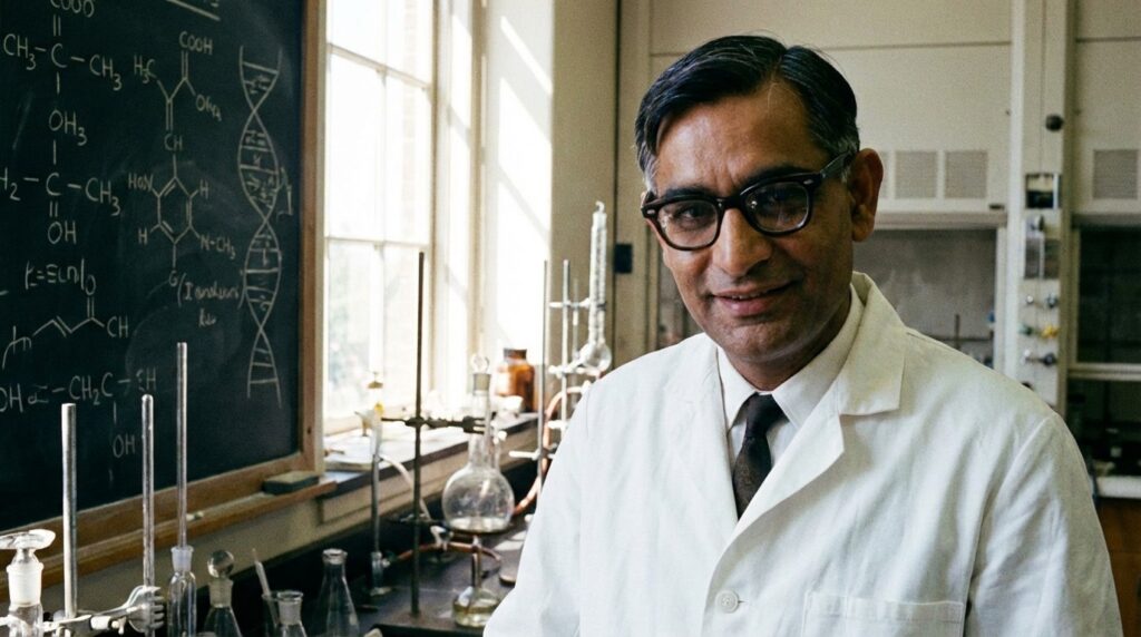 Portrait of Dr. Har Gobind Khorana with DNA double helix background