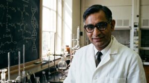 Portrait of Dr. Har Gobind Khorana with DNA double helix background