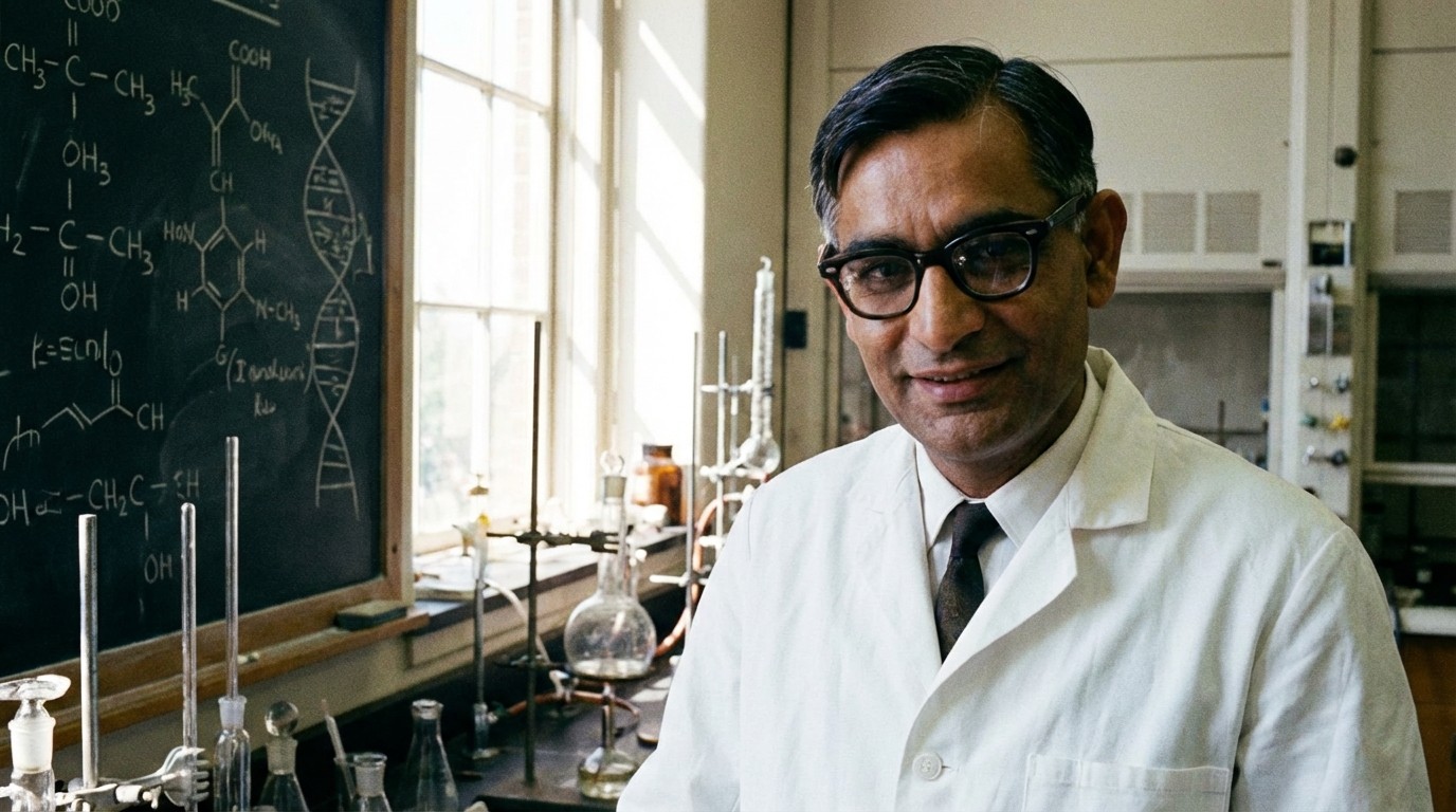 Portrait of Dr. Har Gobind Khorana with DNA double helix background