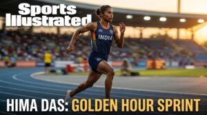 Hima Das celebrating her gold medal victory on the track