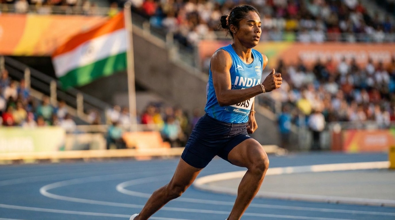 Hima Das sprinting on track with Indian flag