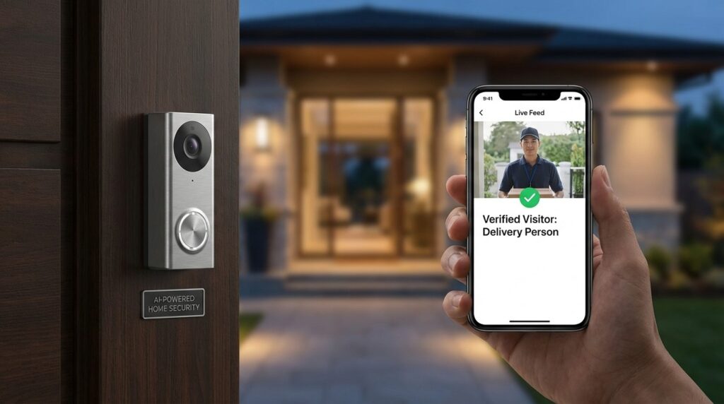A modern smart home with AI security camera and mobile app interface