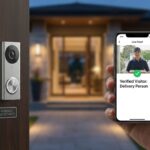 A modern smart home with AI security camera and mobile app interface