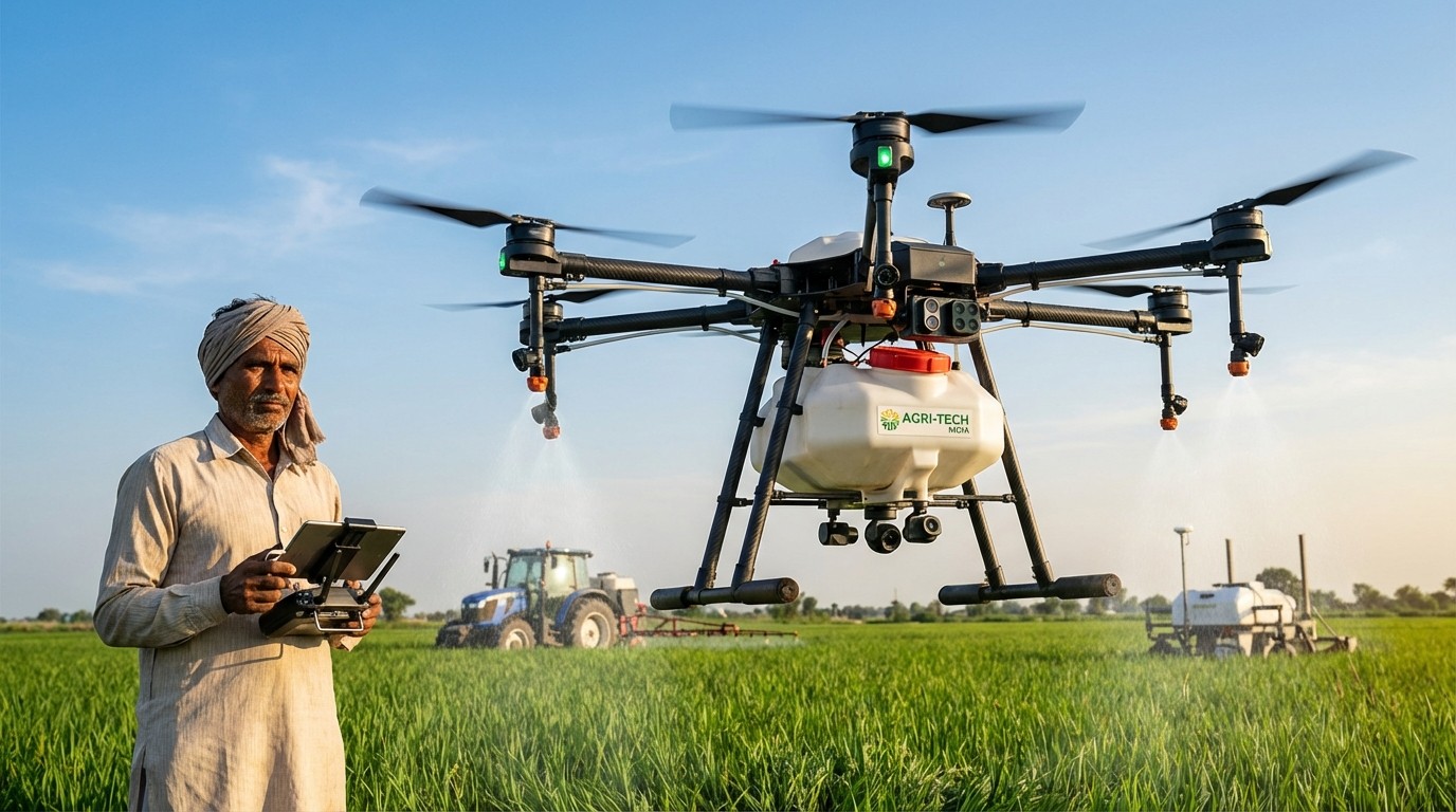 Farmer using agricultural drone in 2026