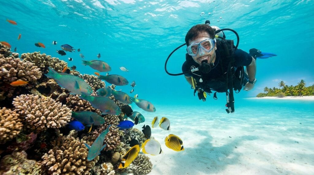 Scuba diver exploring vibrant coral reefs in the clear blue waters of Lakshadweep Islands